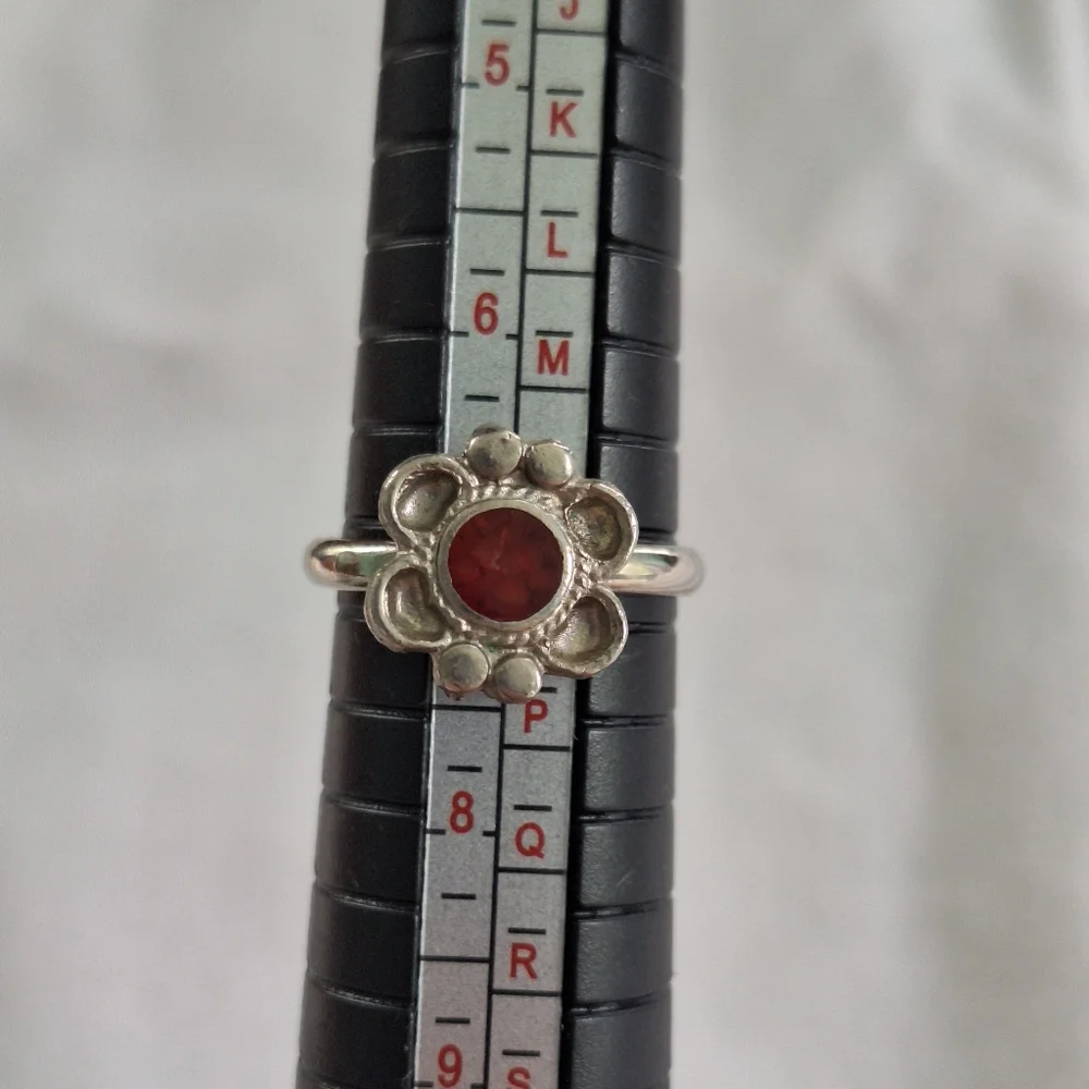 Silver tone red micromosaic flower ring